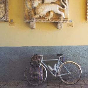 Ein Fahrrad lehnt an einer Wand, die mit Skulpturen, von Wappen und einem Löwen, geschmückt ist