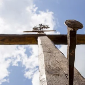 Das Kreuz, noch mit Nägeln eingeschlagen von unten fotografiert