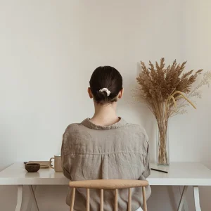 Frau vor leeren Wand an einem Schreibtisch sitzend