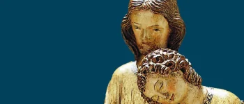 Mitgefühl setzt Stille voraus. Anregungen für das seelsorgerliche Gespräch. Banner von einer Jesus Figur mit einer Person die sich an ihm lehnt.